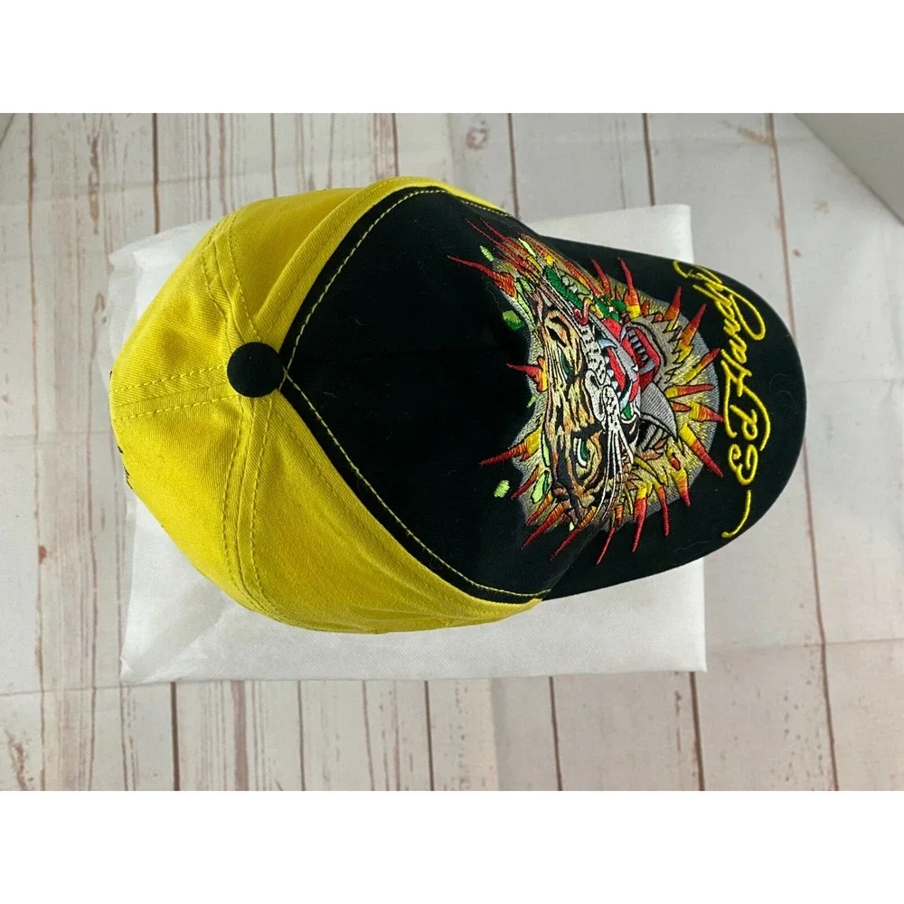Ed Hardy Kids Baseball Hat Cap Black Yellow Embroidered Roaring Tiger Strapback